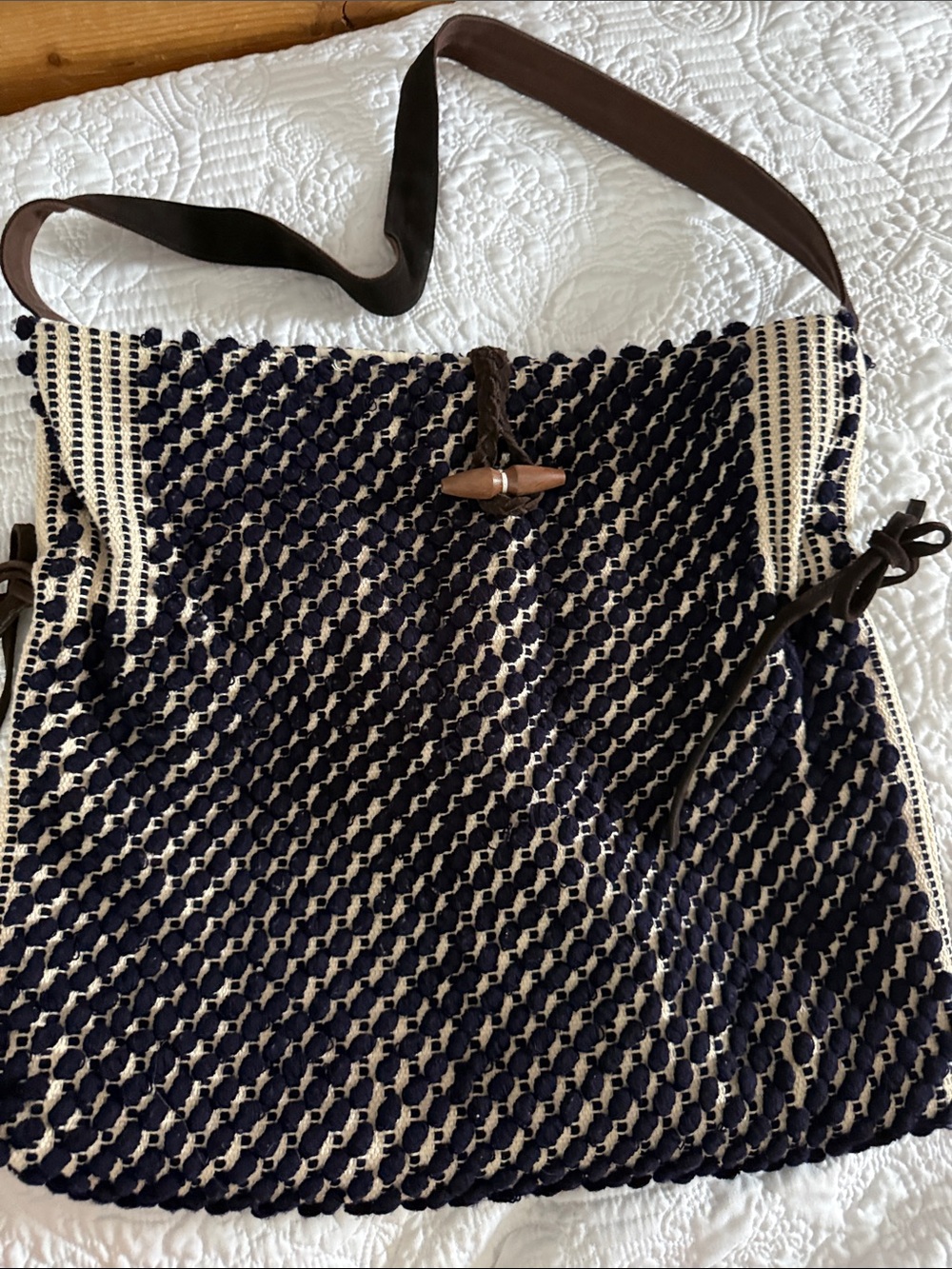 lovestitch Navy and Cream Open-Weave Knit bohemian bag  with Toggle and side tie